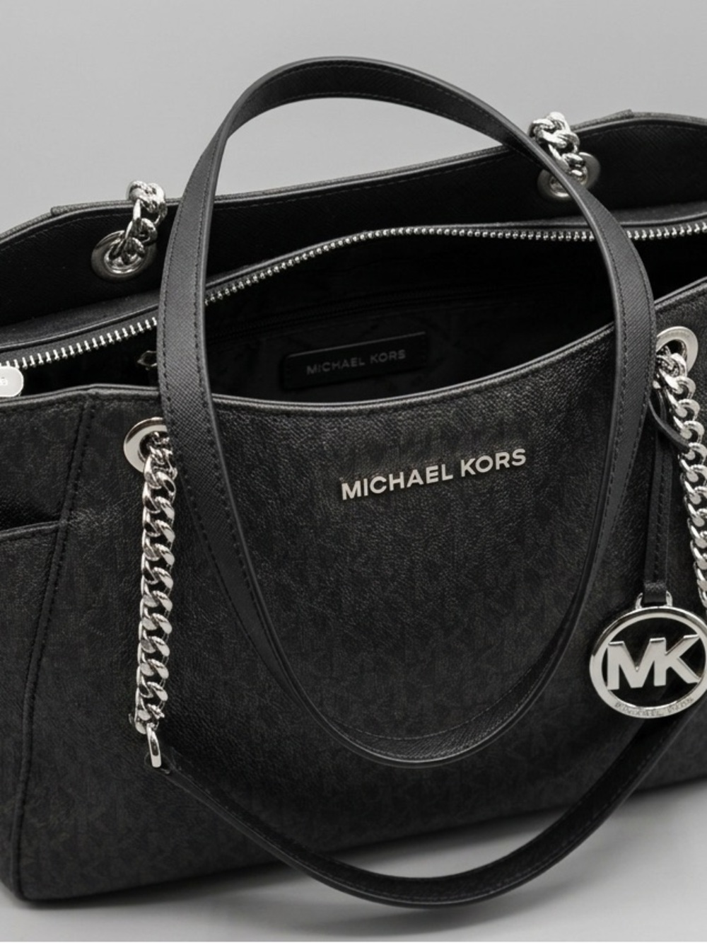 Michael Kors Black Signature Jet Set Tote with Silver Hardware
